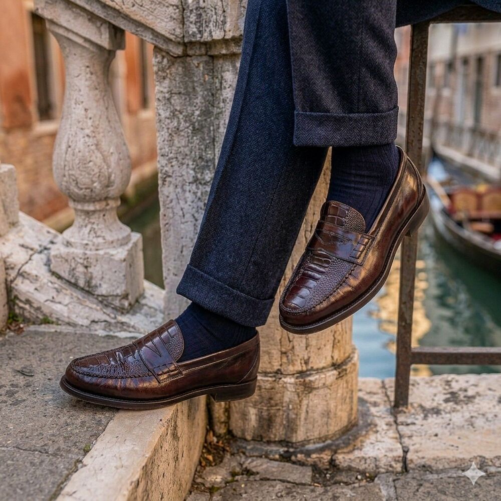 Spazio Uomo exotic leather penny loafers handcrafted in Italy Size 41.5 / 8.5 US
